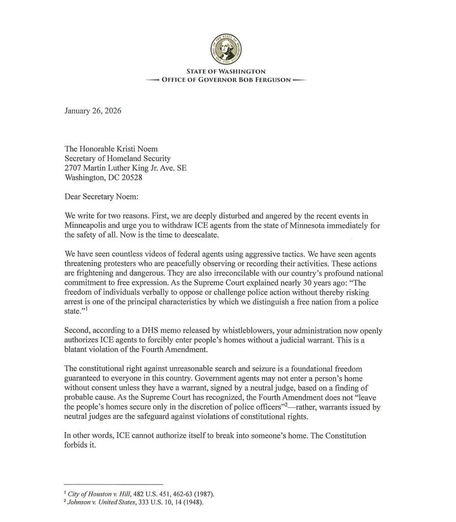 Letter from Washington State Governor Bob Ferguson to DHS Secretary Kristi Noem - page one