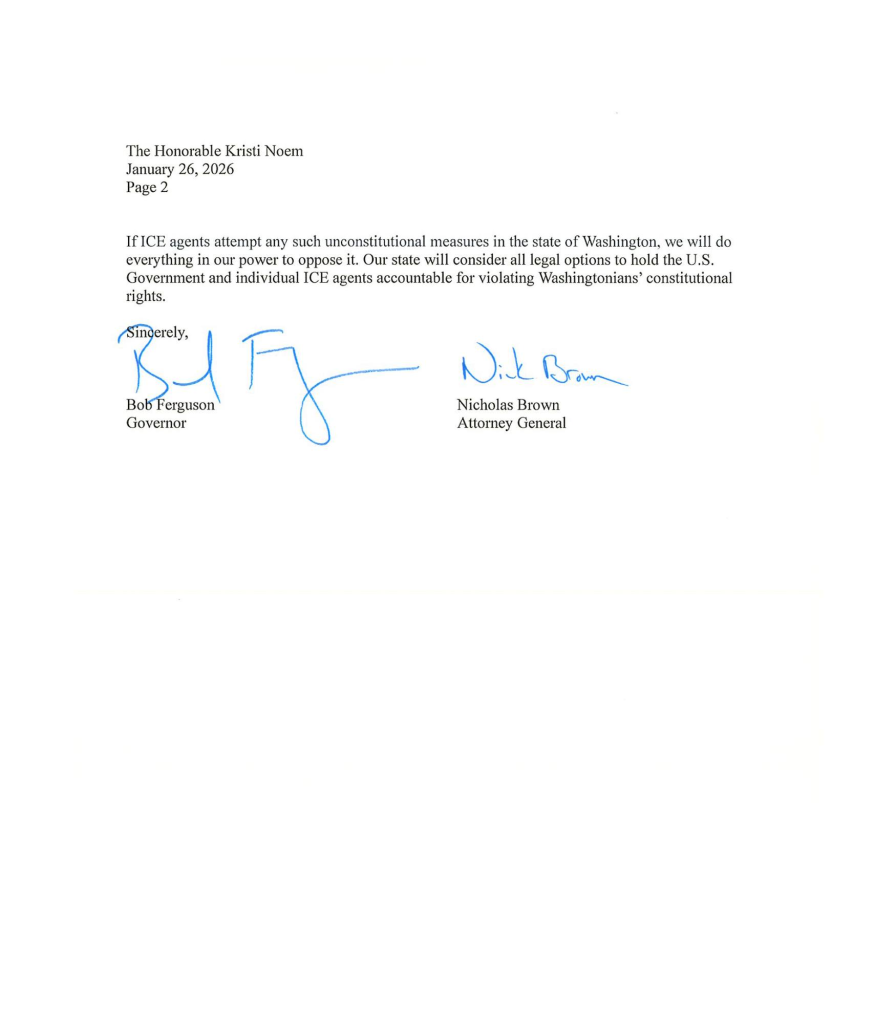 Letter from Washington State Governor Bob Ferguson to DHS Secretary Kristi Noem - page two