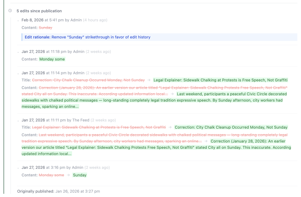 A screenshot of the edit history subsection inside the Story Transparency feature.