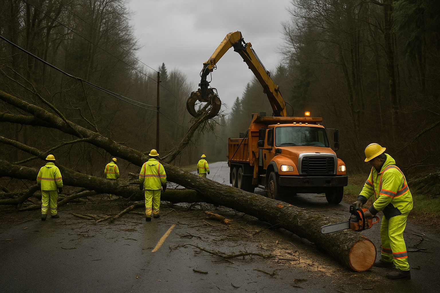 Tree and Power Line Down Close Part of Coal Creek Road Near Longview